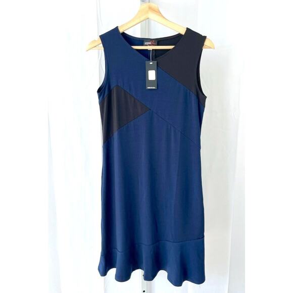 NWT ANDRIA LIEU S Farrah Tank Dress Sleeveless Flutter Hem Colorblock Blue Black - Picture 1 of 5